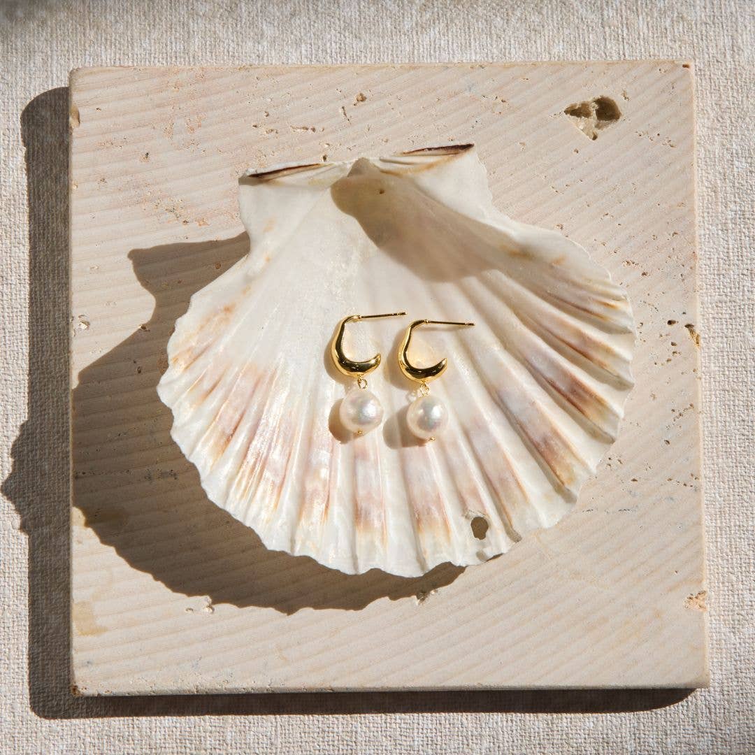 Gold Waterproof Pearl Drop Hoops Earrings Nickel & Suede