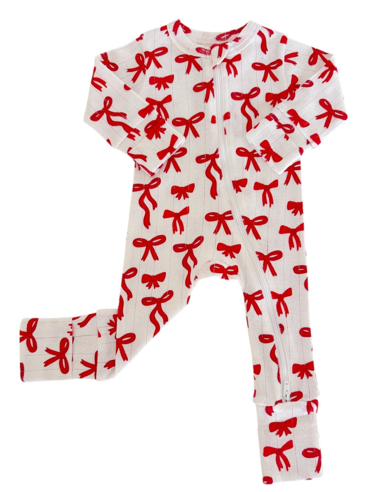 Red Bows / Organic Pointelle 2-Way Zip Romper