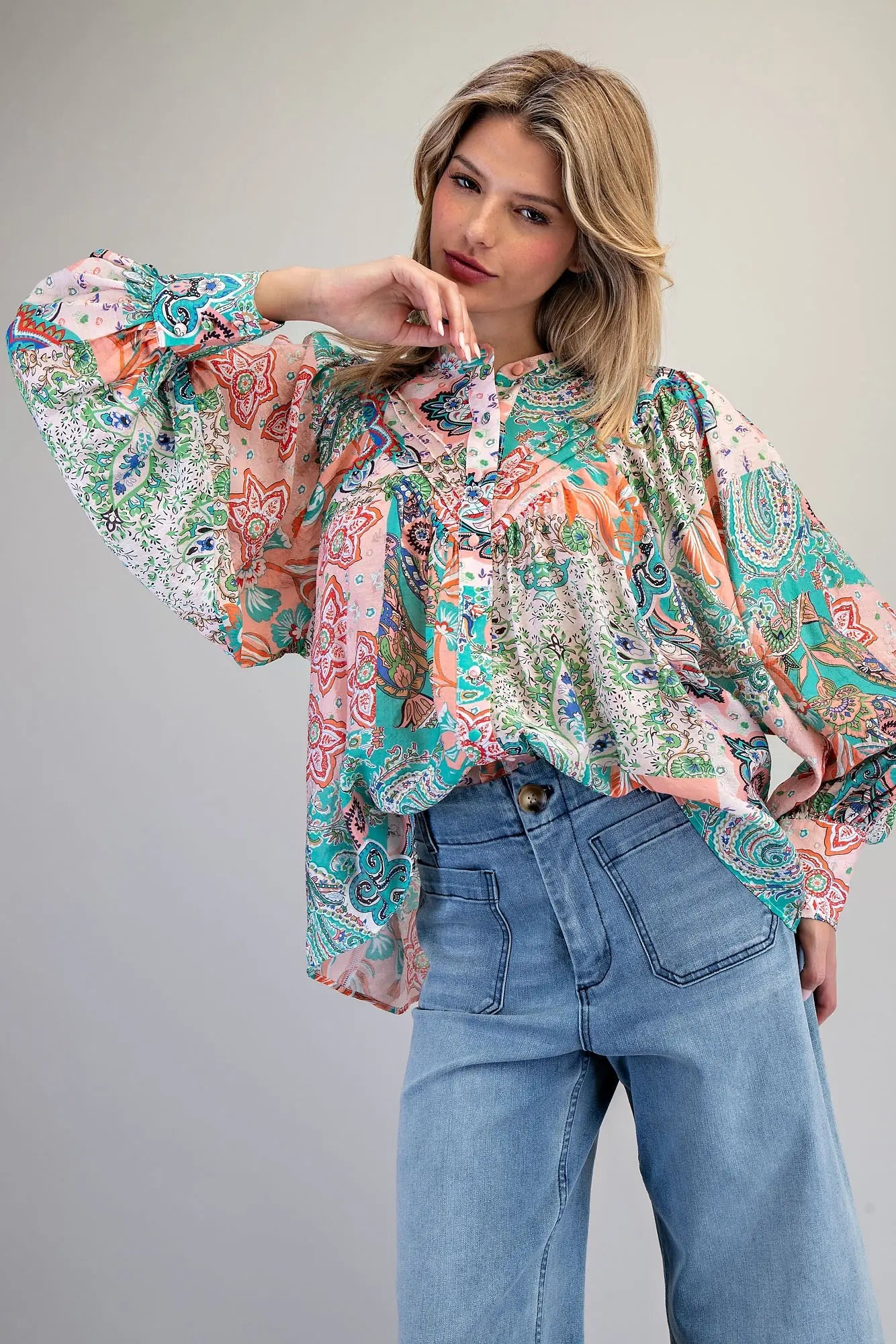 Apricot Patchwork print button down blouse