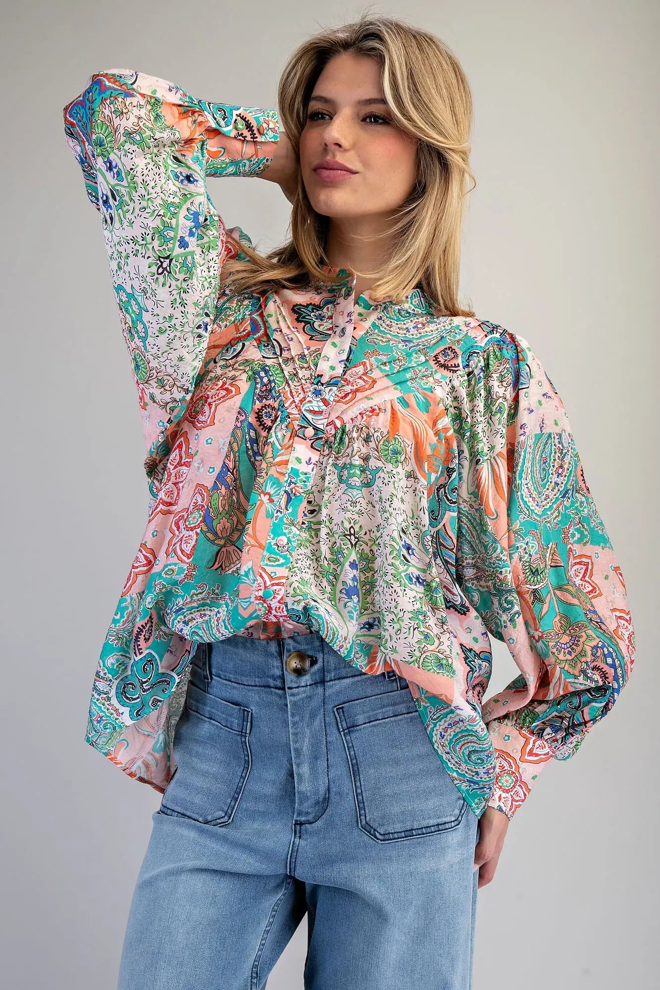 Apricot Patchwork print button down blouse