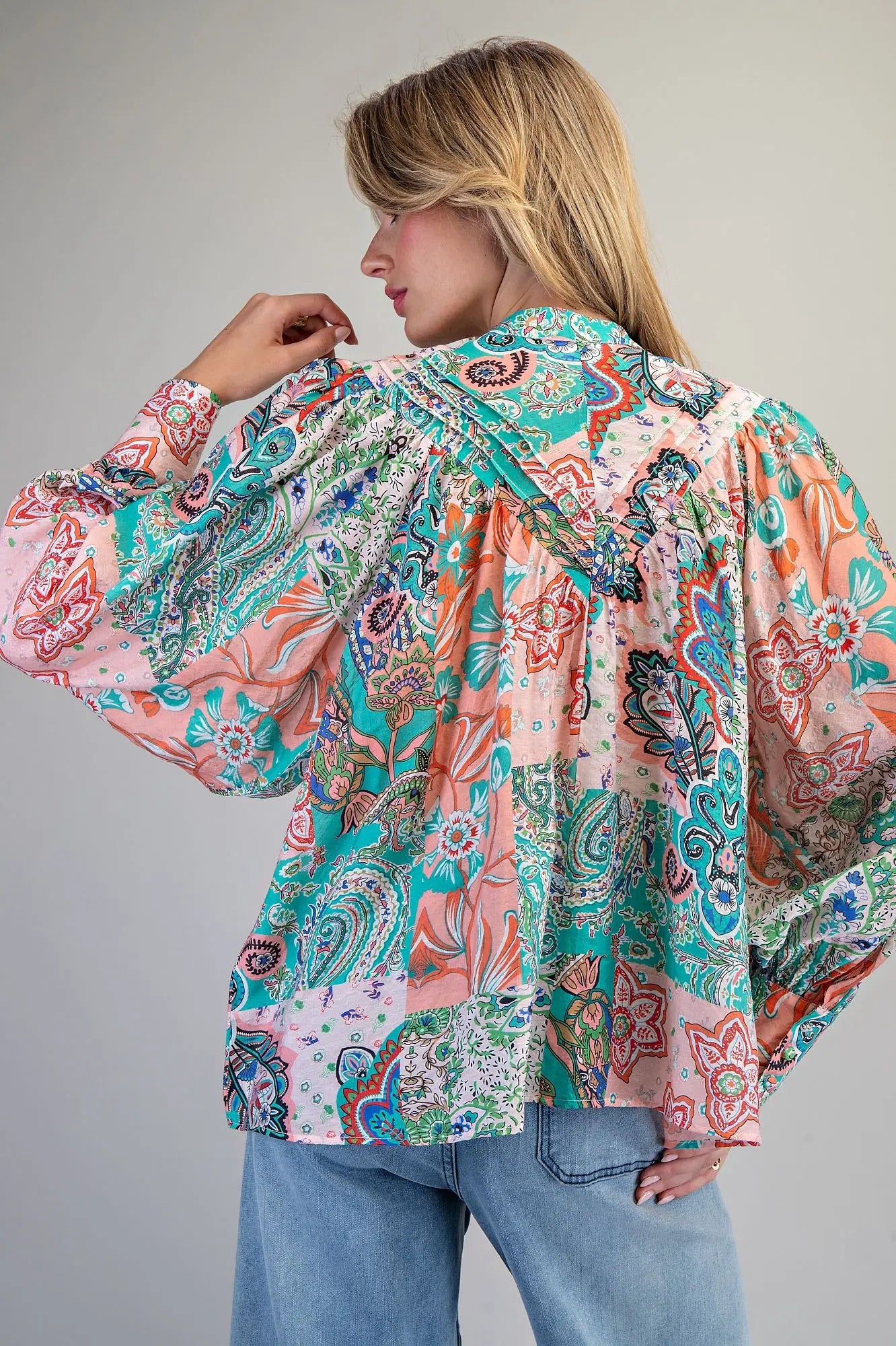 Apricot Patchwork print button down blouse