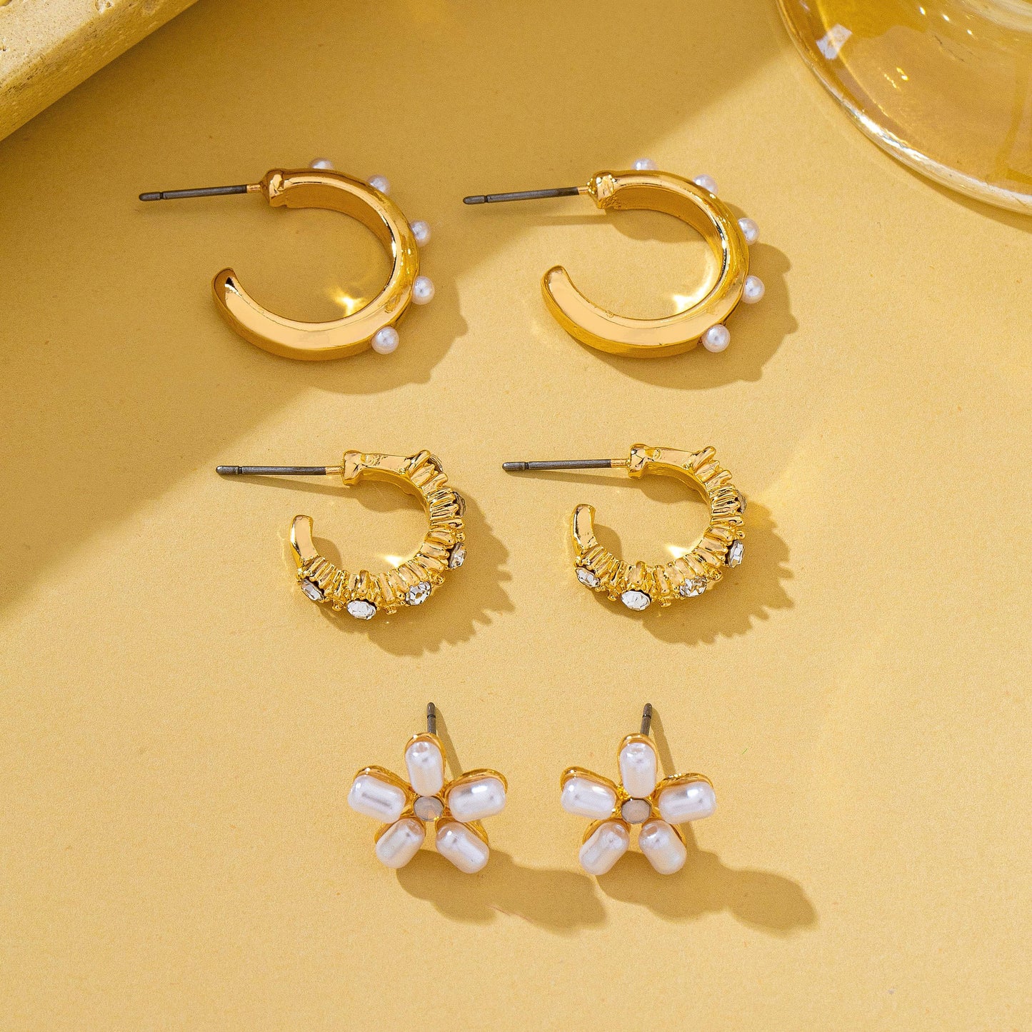 Pearl Floral Stud & Hoop Trio earrings