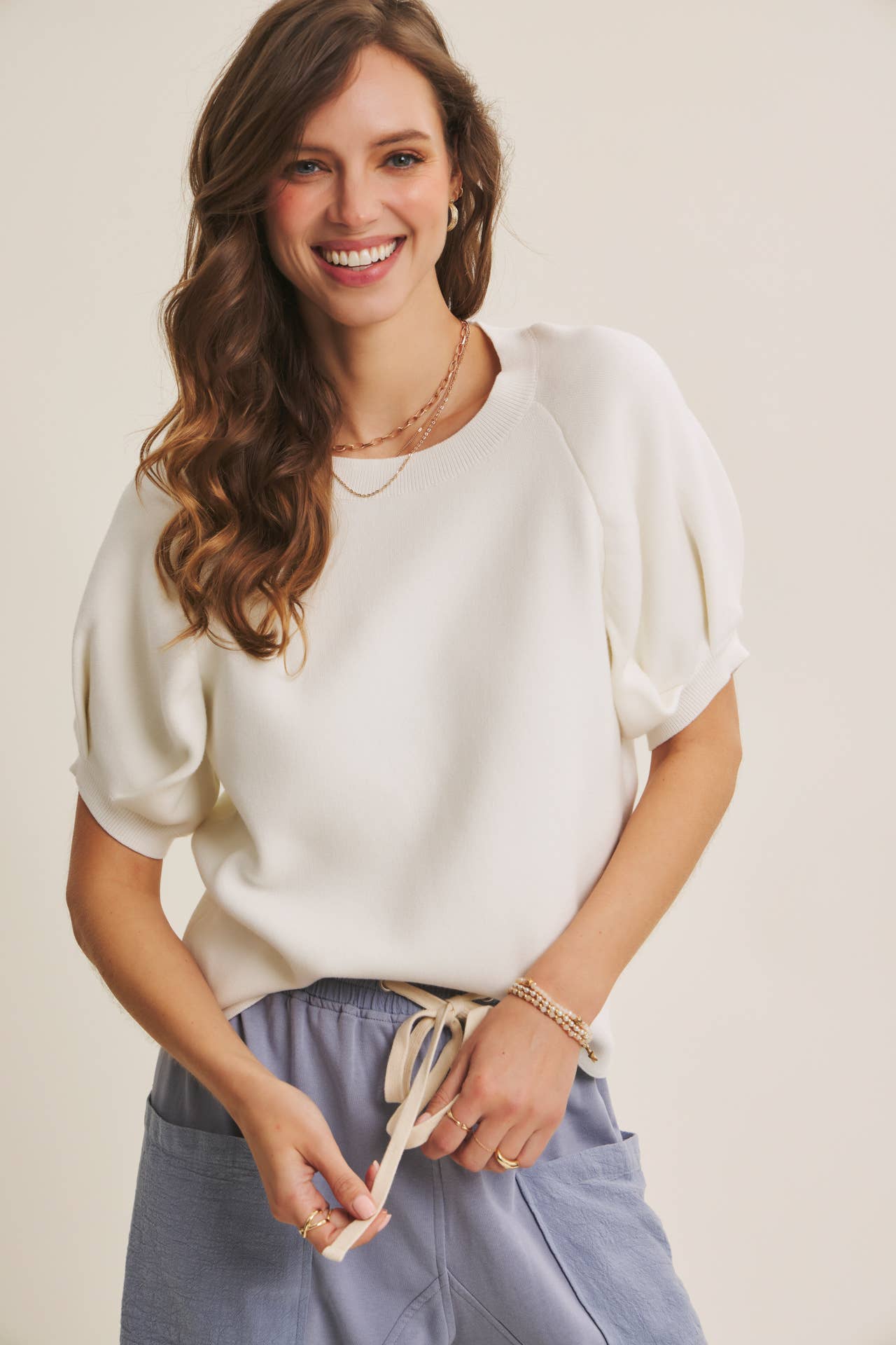 Ivory Cotton Sweater with Puff Sleeves