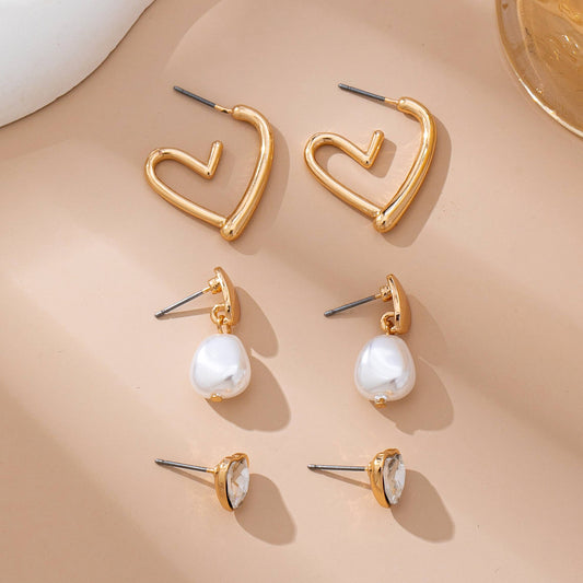 Trio Gold-Tone Pearl & Crystal Earring Set