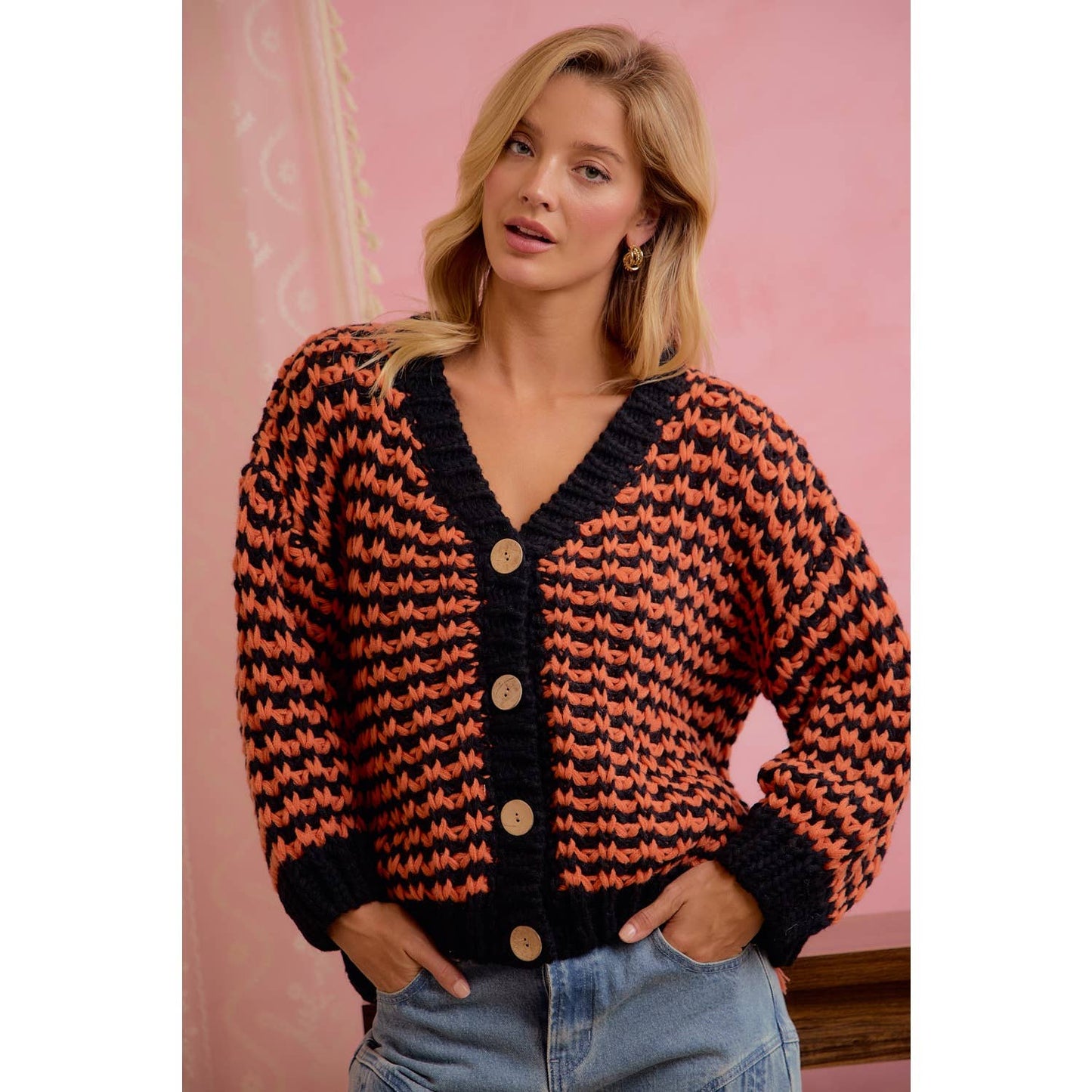 Orange and black chunky knit cardigan