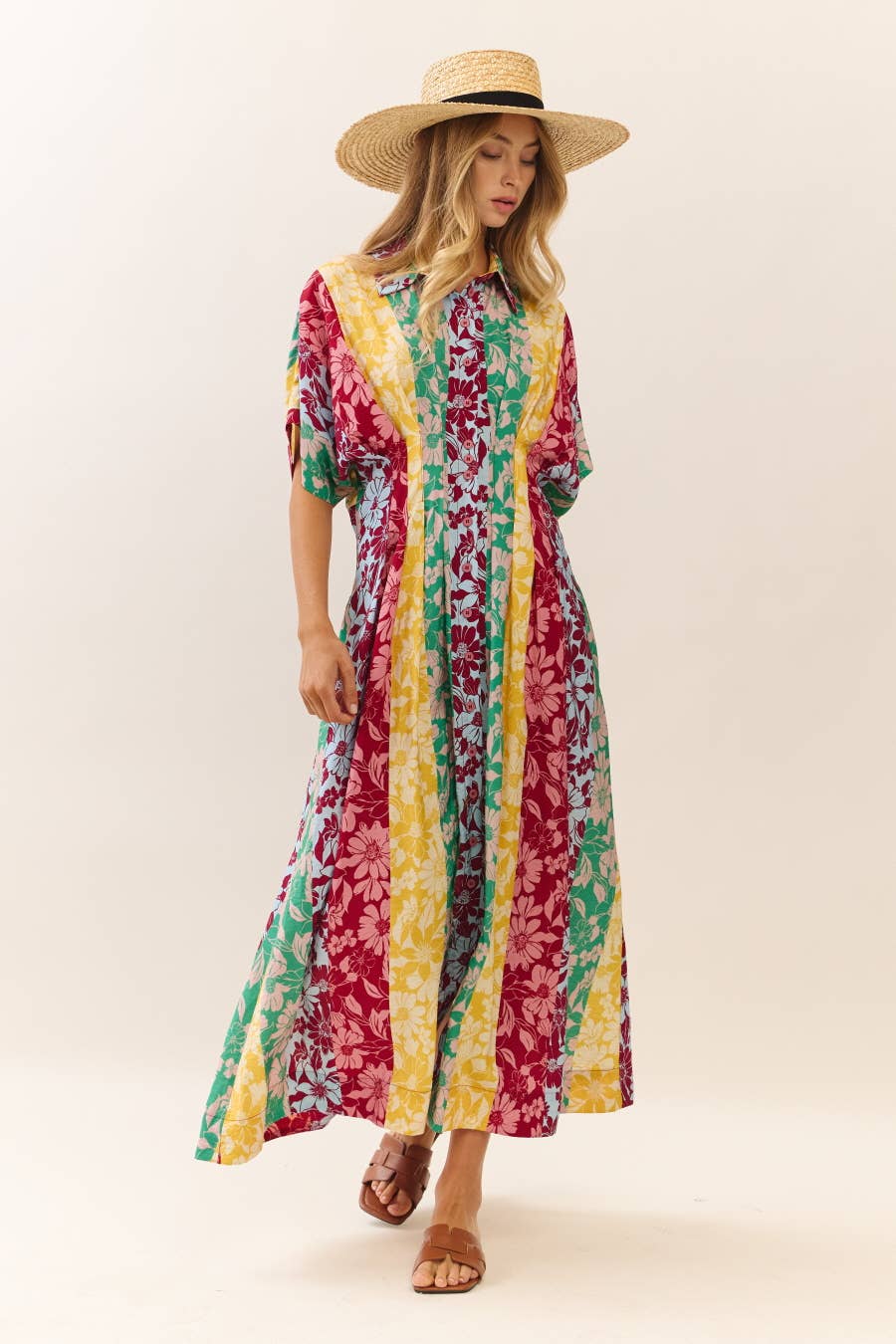 Mixed Floral Print Button-front Midi Dress