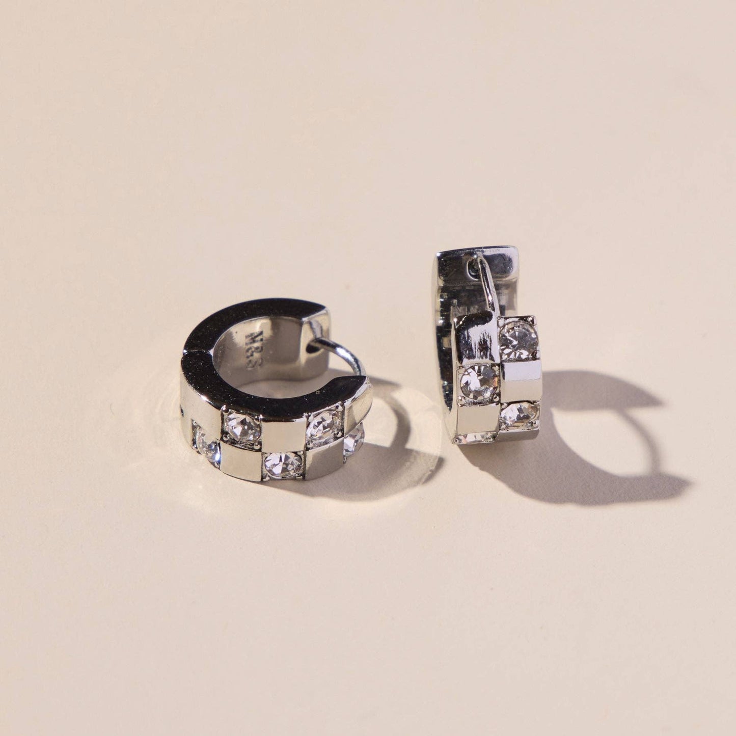 Silver Pavé Checkered Huggies Nickel & Suede
