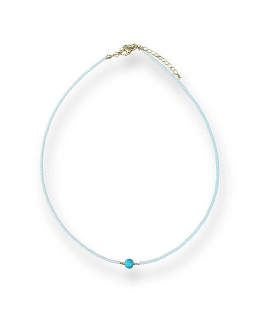 White Seed Bead Necklace with Turquoise Accent
