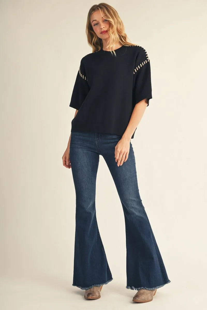 Black Stitch accent short sleeve sweater