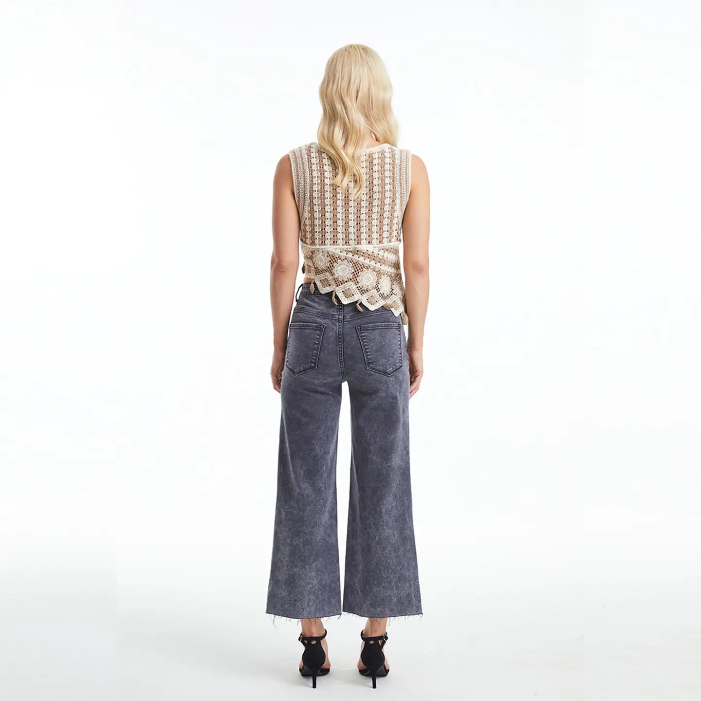 Charcoal High Rise Wide Leg Twill Pants(Raw Hem,Button Fly)