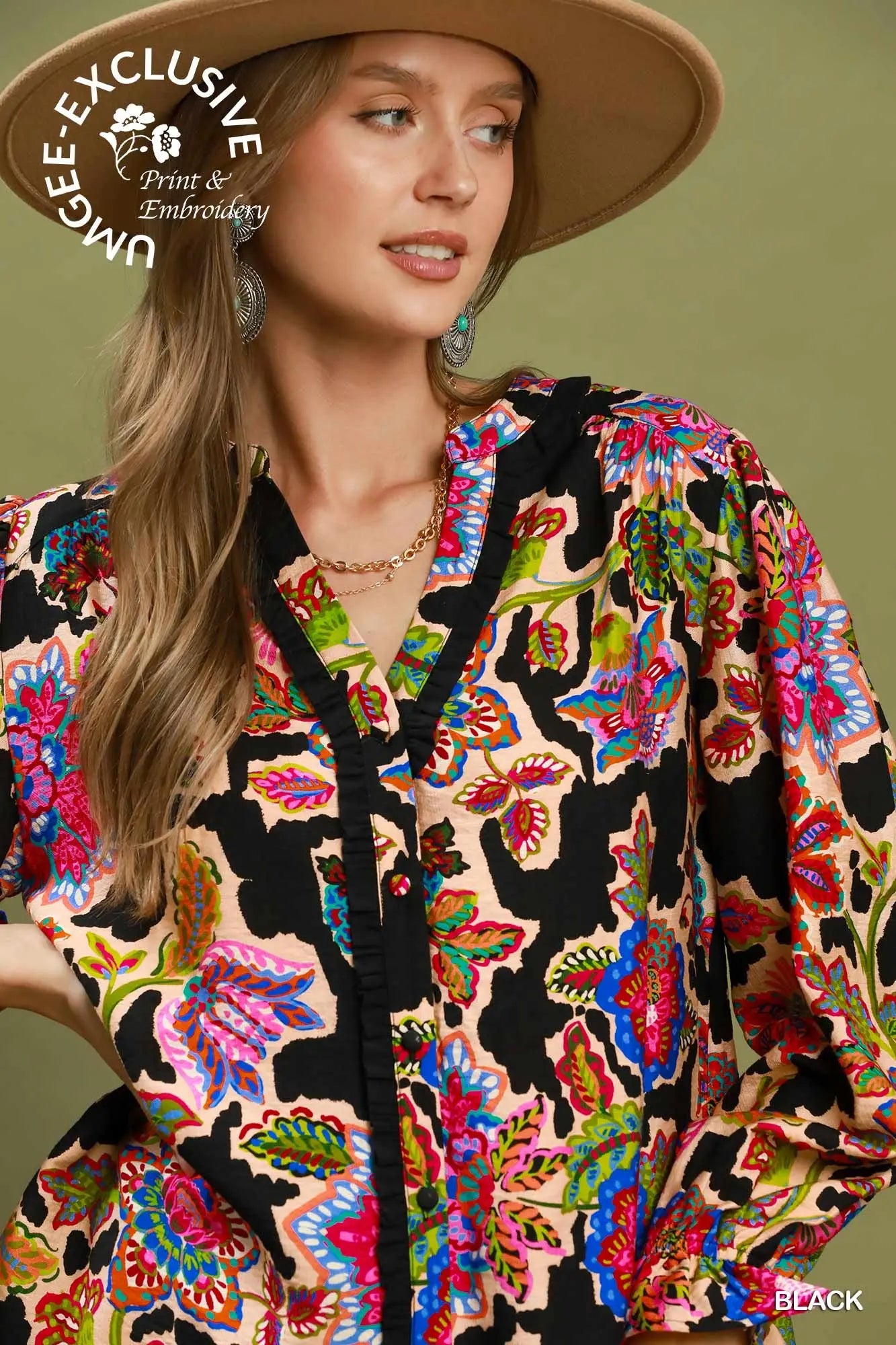 Black Mixed Floral Print Button Down Blouse