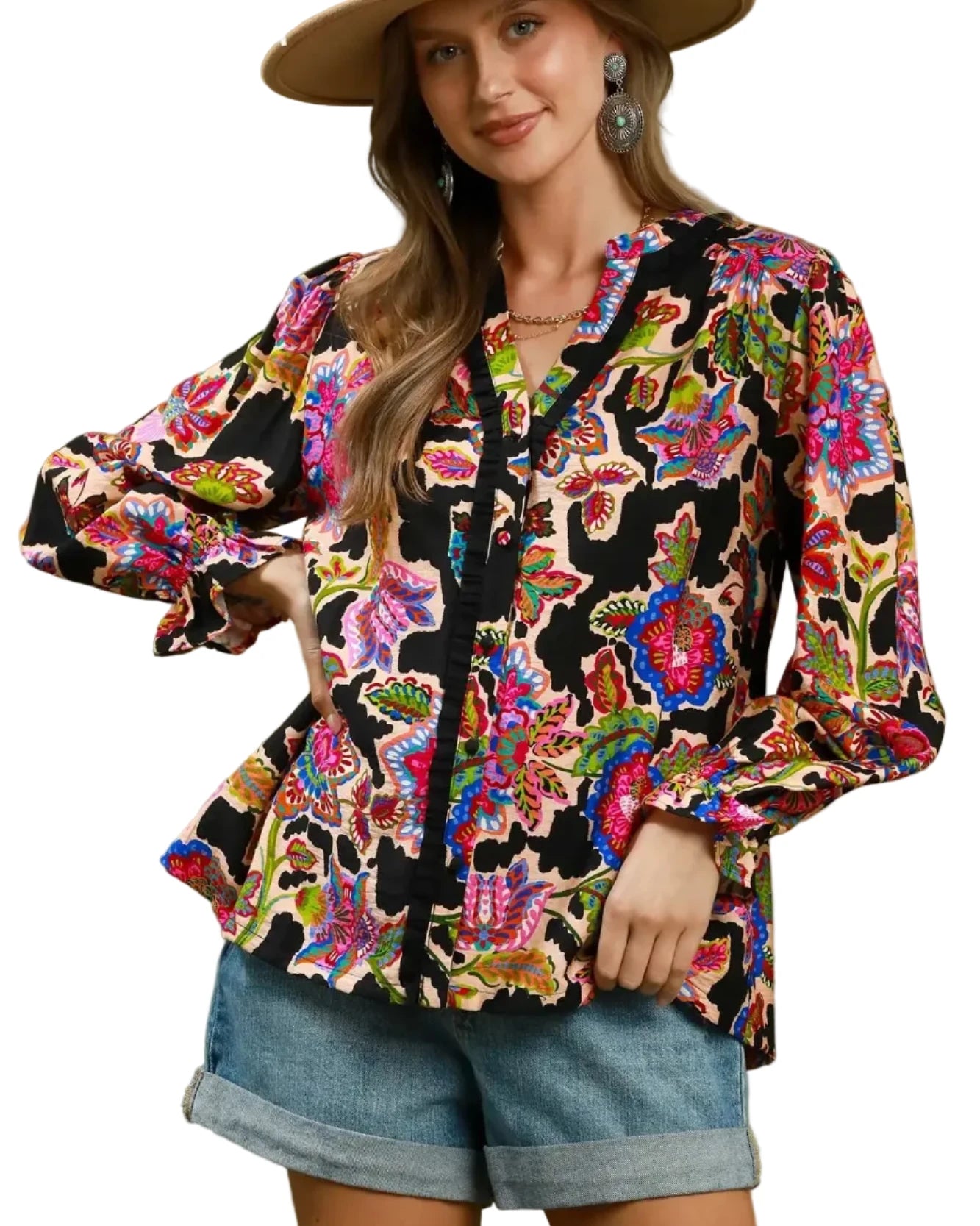 Black Mixed Floral Print Button Down Blouse