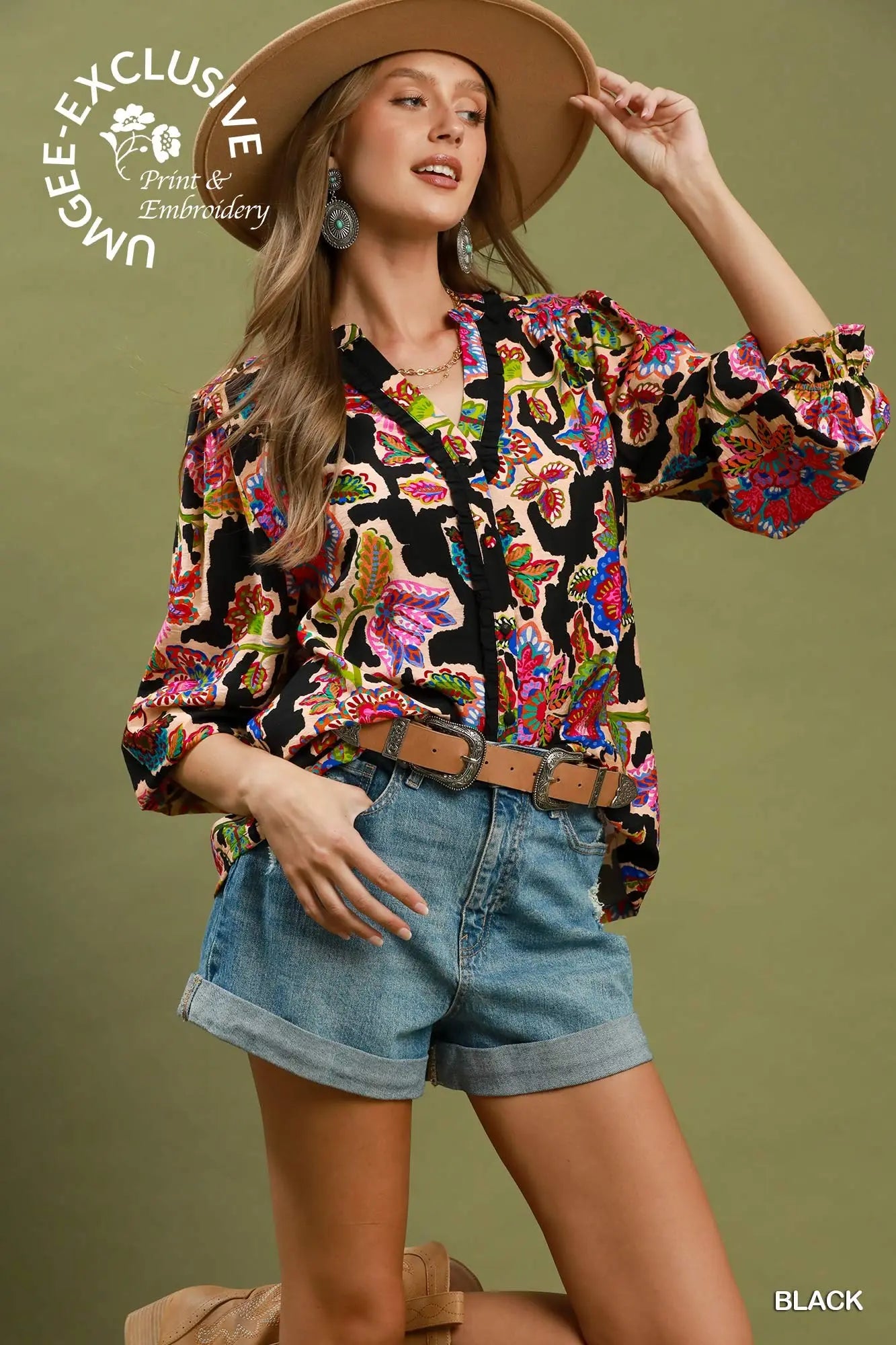 Black Mixed Floral Print Button Down Blouse