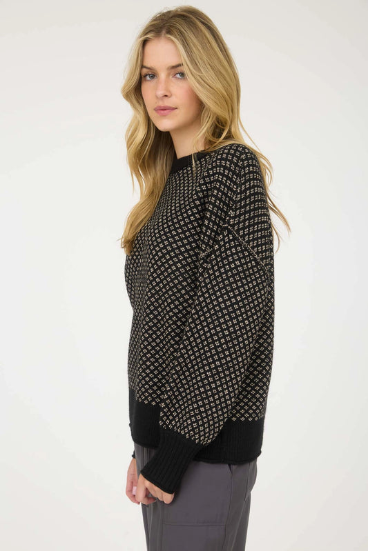 Black Mini Jacquard Crew Neck Long Sleeve Knit Sweater