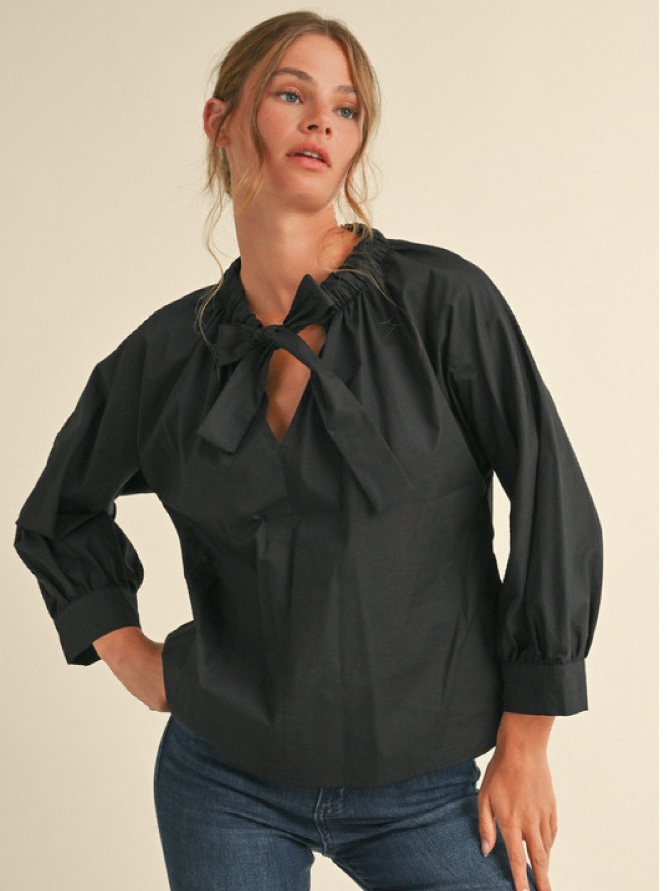 The Angie Black Poplin top with bow neckline