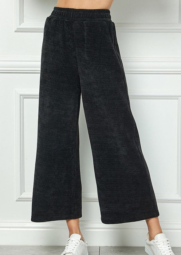 Black Chenille Cropped Wide leg pants