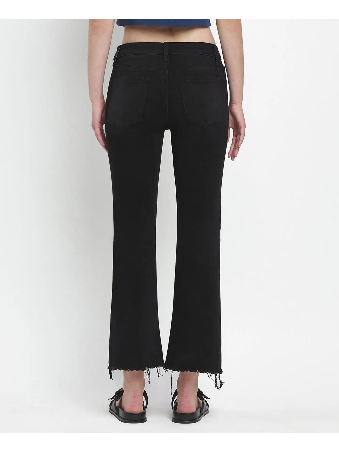 Vervet Black Mid Rise Raw Distressed Hem Crop Flare Jeans