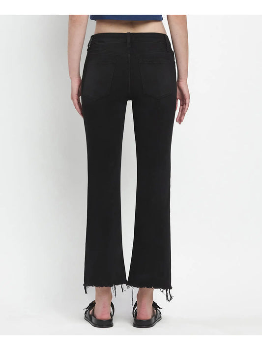 Vervet Black Mid Rise Raw Distressed Hem Crop Flare Jeans