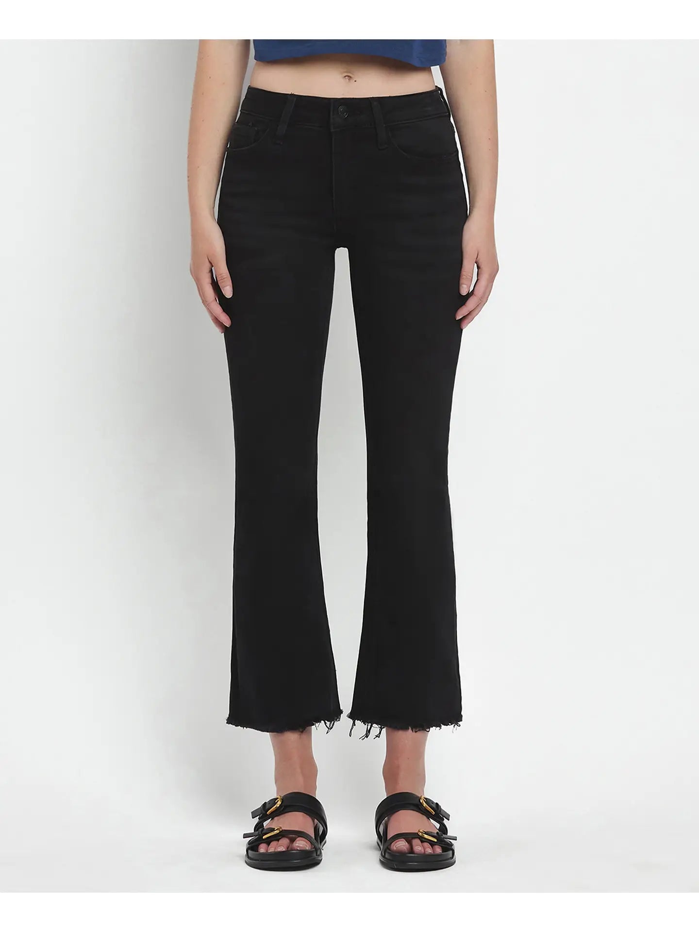 Vervet Black Mid Rise Raw Distressed Hem Crop Flare Jeans