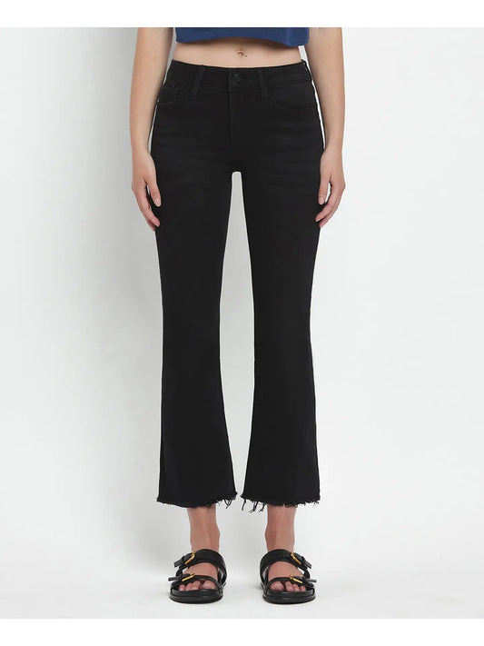 Vervet Black Mid Rise Raw Distressed Hem Crop Flare Jeans