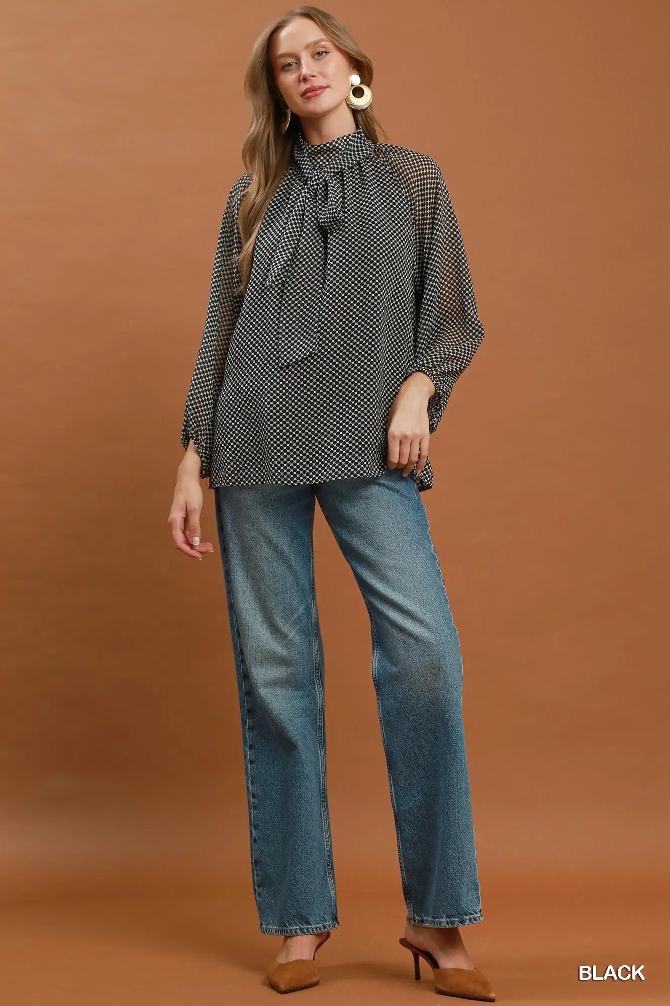 Black Dot Print Tie Neck Long Sleeve Blouse