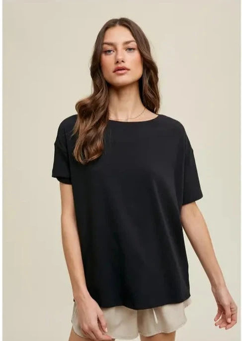 Black Dolman Boat Neck Knit Top