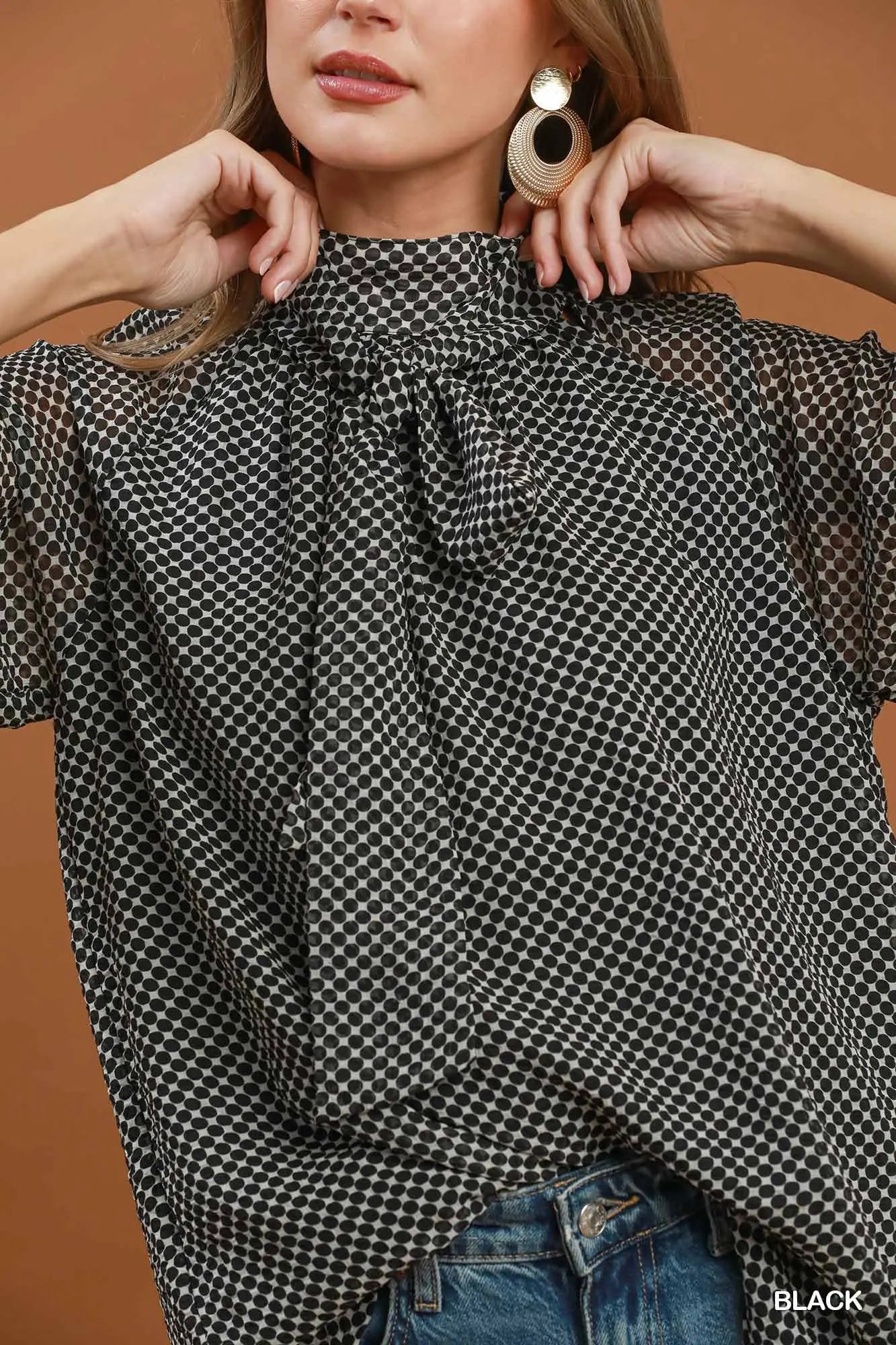 Black Dot Print Tie Neck Long Sleeve Blouse