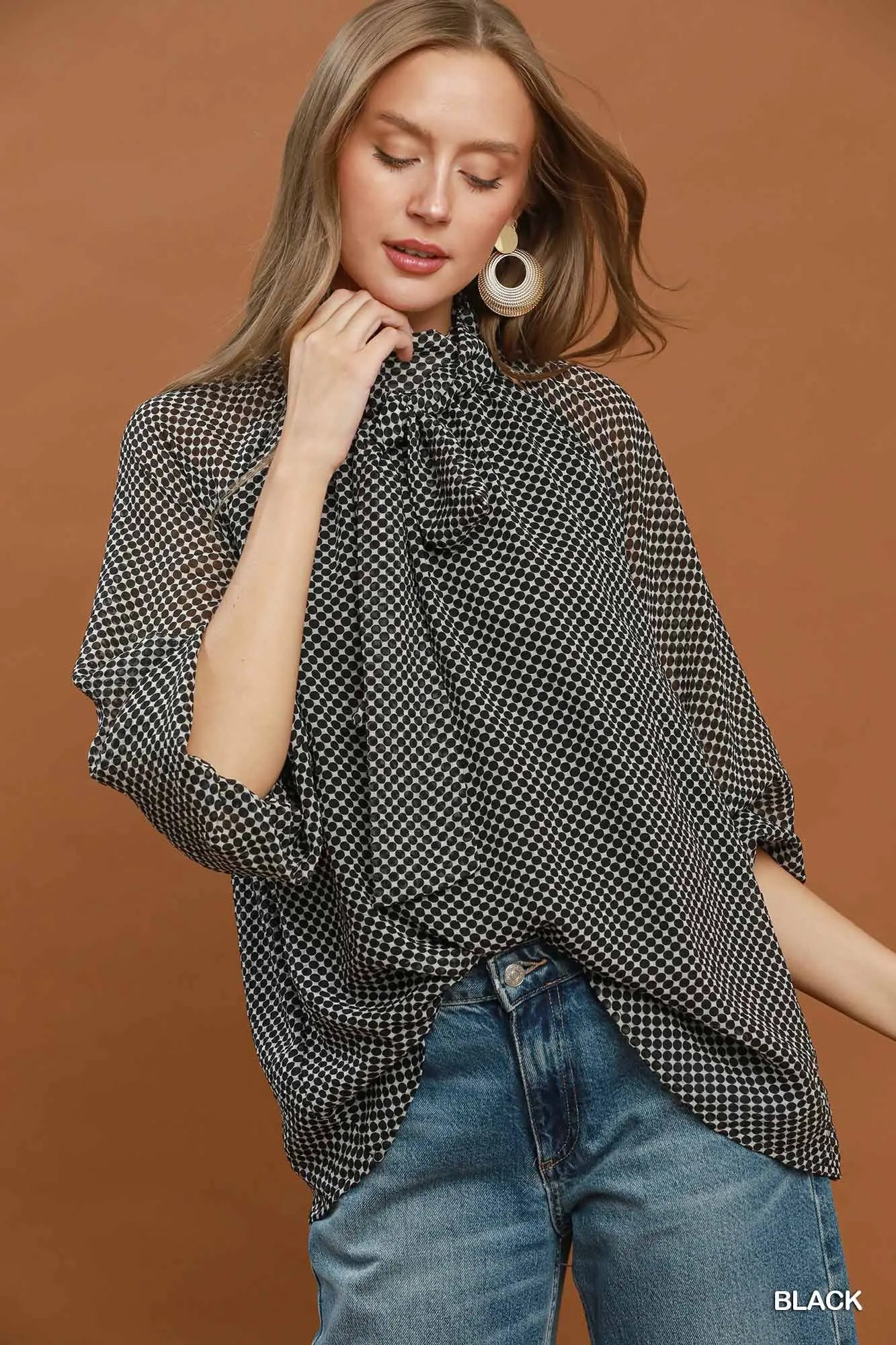 Black Dot Print Tie Neck Long Sleeve Blouse
