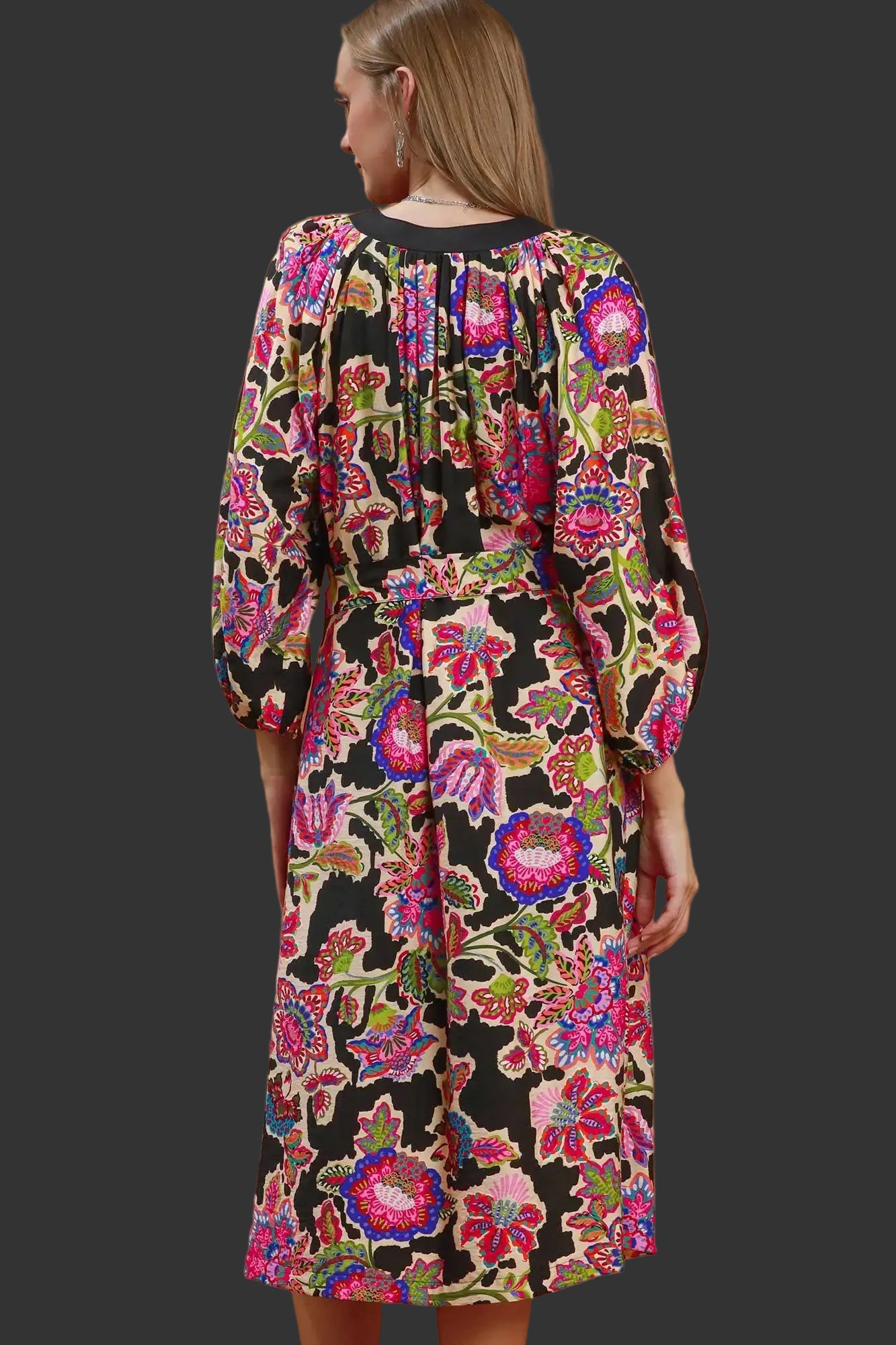 Black Abstract Print Embroidered Belted Midi Dress