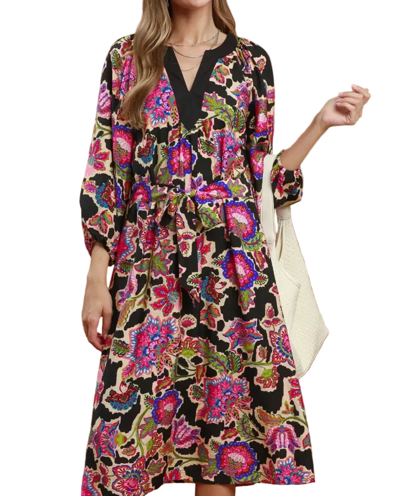 Black Abstract Print Embroidered Belted Midi Dress