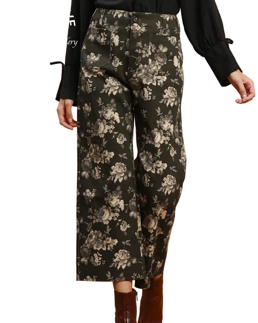 Black Floral Print Wide Leg Cropped Pants
