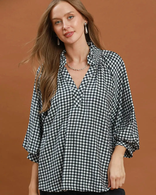 Black Gingham Check Puff Sleeve Blouse