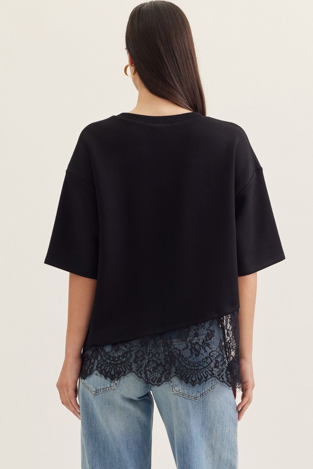 Black short sleeve lace hem detail