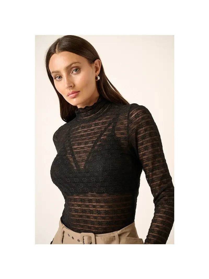Lace Fabric Mock Neck Long Sleeve Top