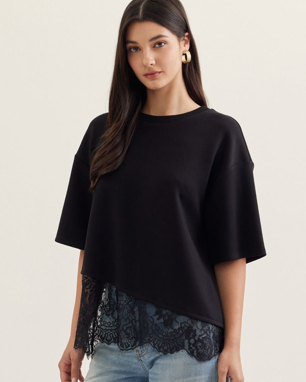 Black short sleeve lace hem detail