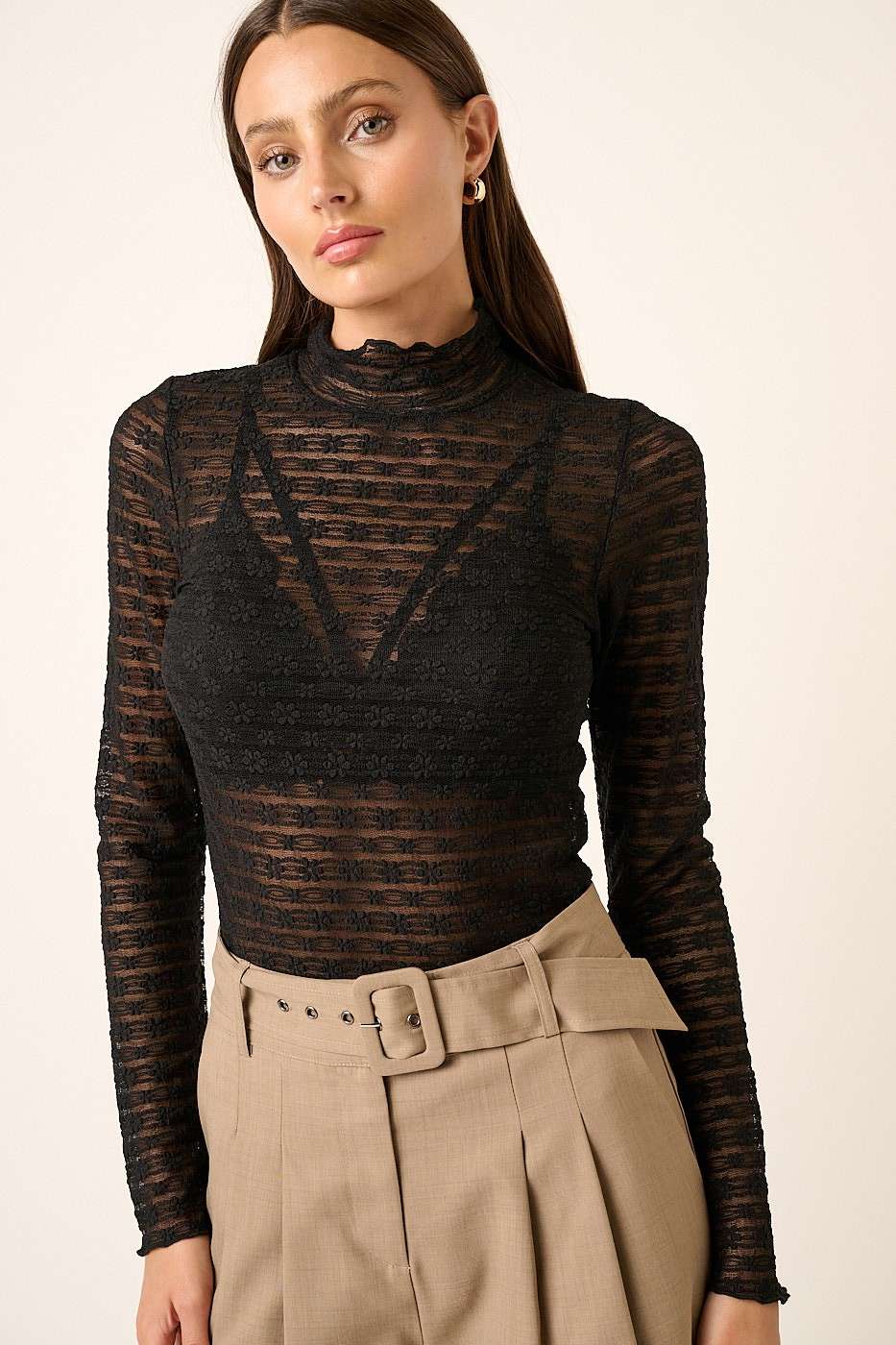 Lace Fabric Mock Neck Long Sleeve Top