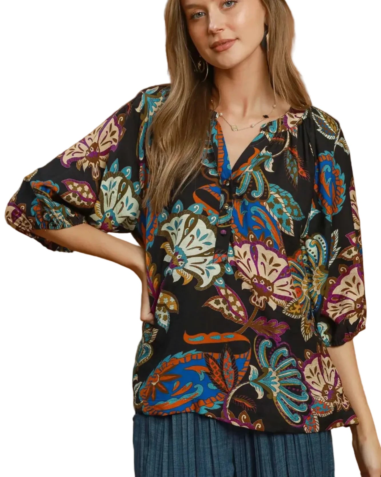 Black Boho Paisley Puff Sleeve Blouse