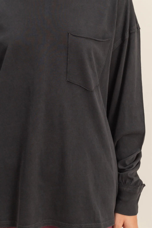 Black Oversized Washed Long Sleeve Pocket Tee