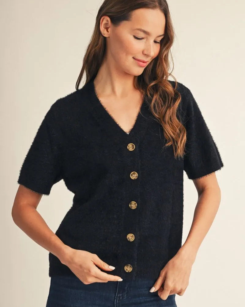 Black Short Sleeve fuzzy sweater