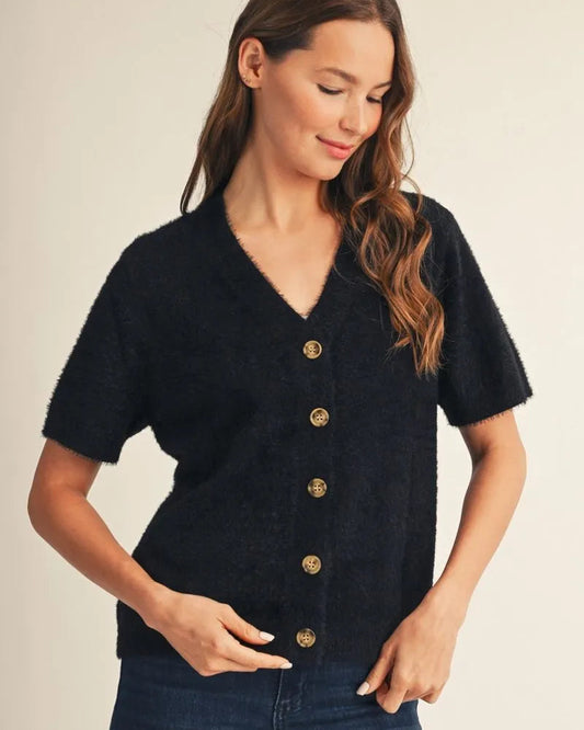 Black Short Sleeve fuzzy sweater