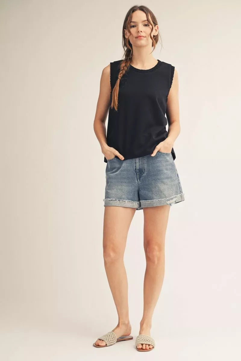 Black smocked edge casual tank