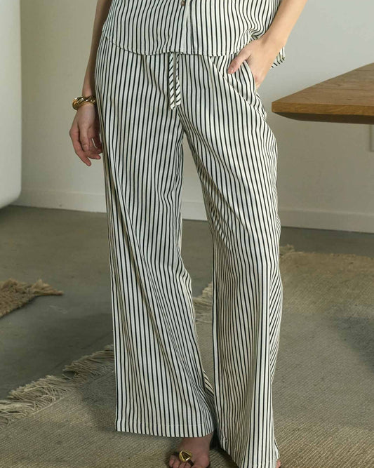 Black Stripe Wide Leg Drawstring Linen Pants