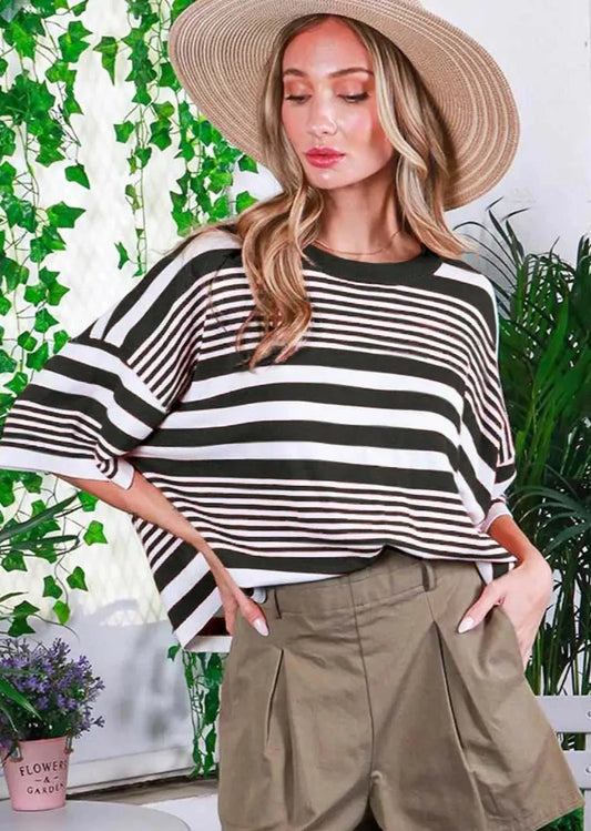 Black  Round Neck Short-Sleeve Striped Sweater Knit Top