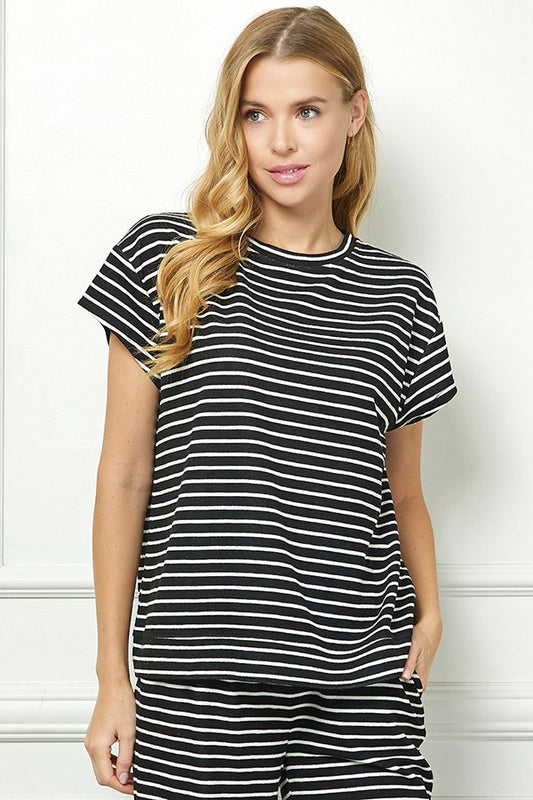 Black and White Stripe Short Sleeve Lounge Top
