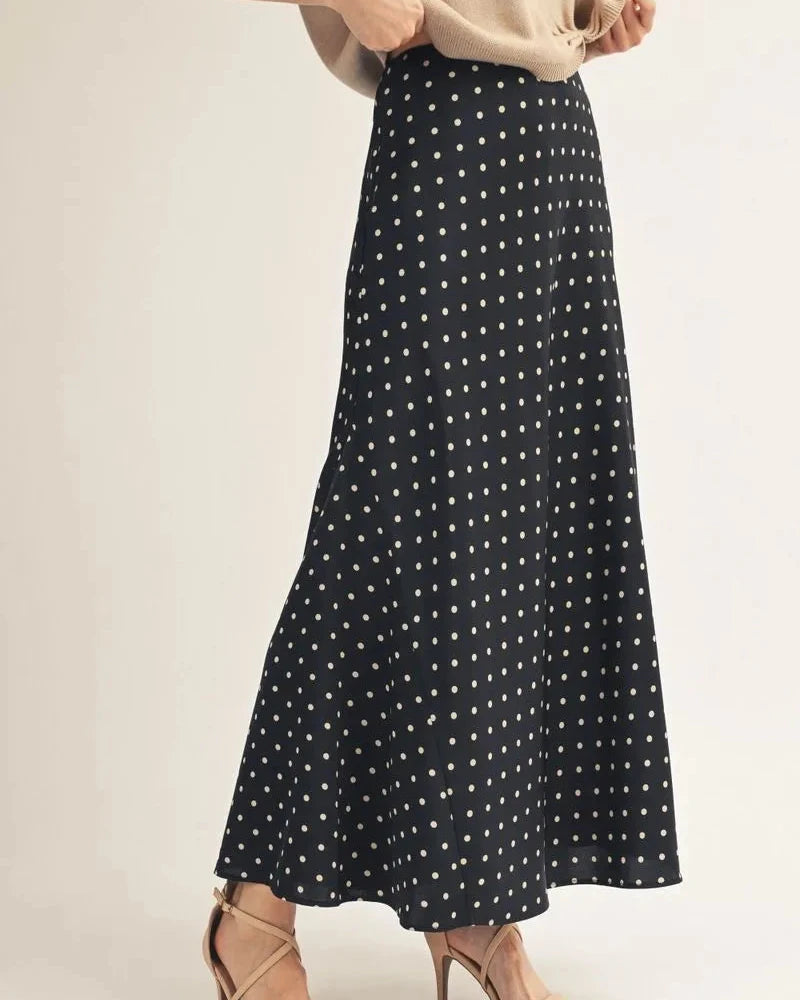 Black polka dot satin skirt