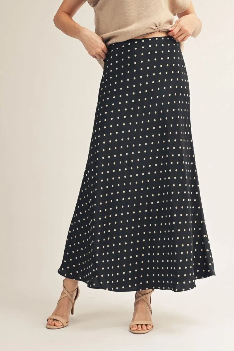 Black polka dot satin skirt