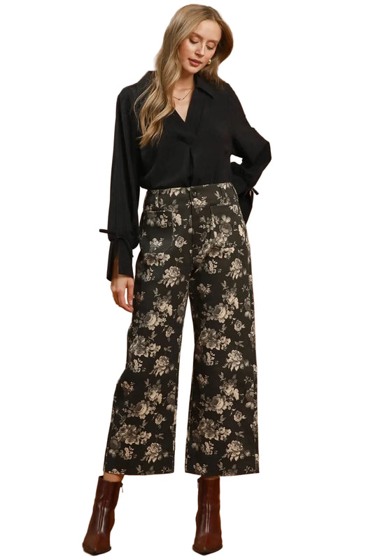 Black Floral Print Wide Leg Cropped Pants