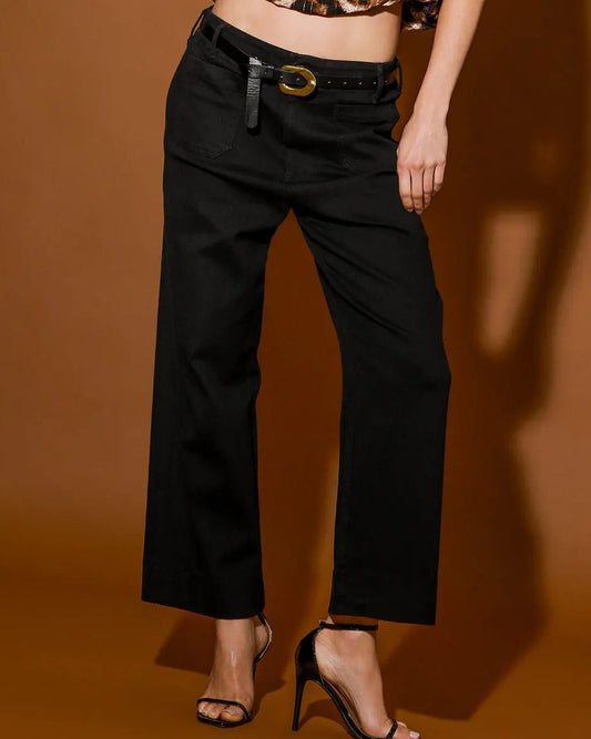 Black Chambray Wide Leg Crop Pants