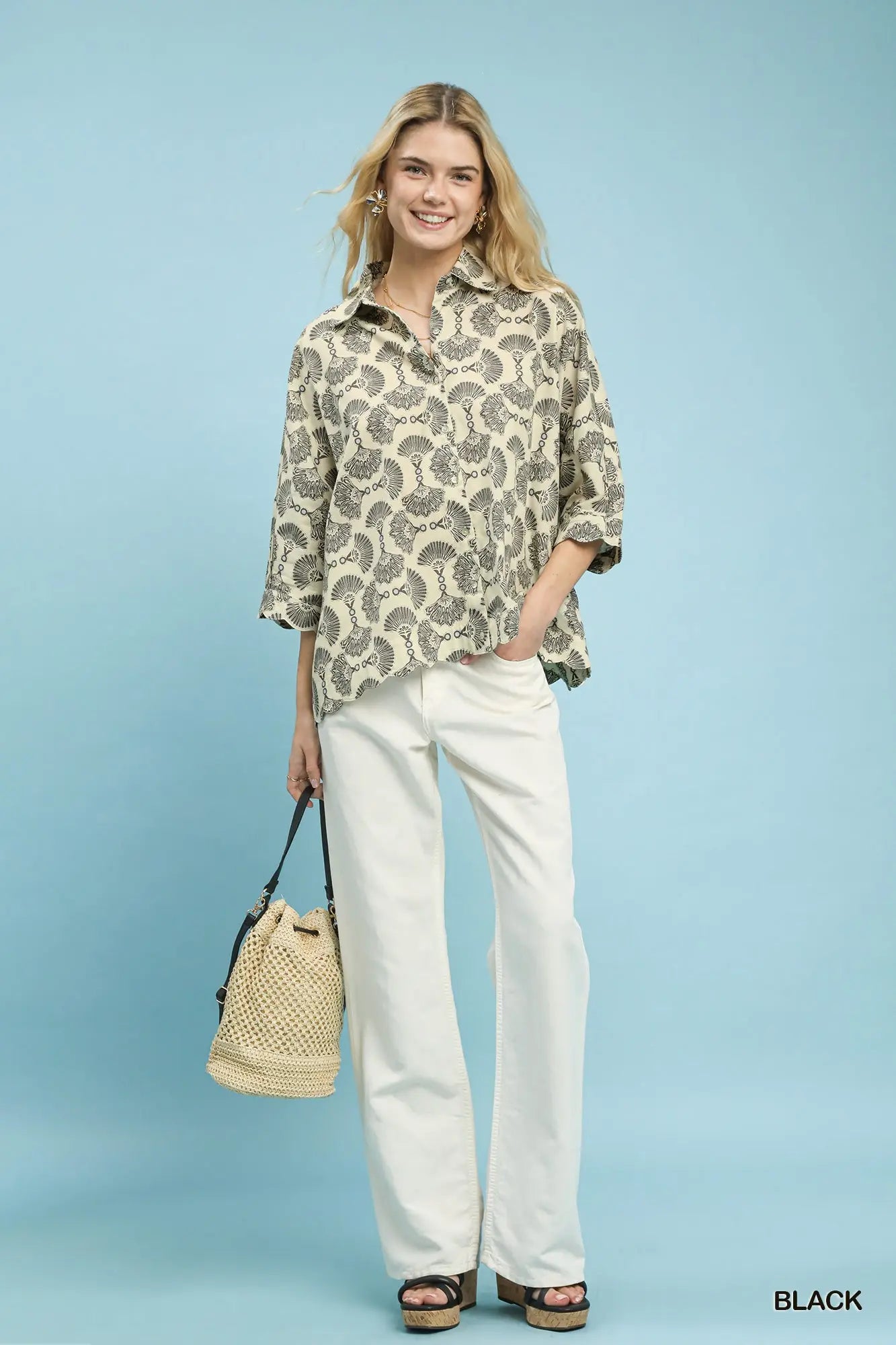 Black Printed Button down top