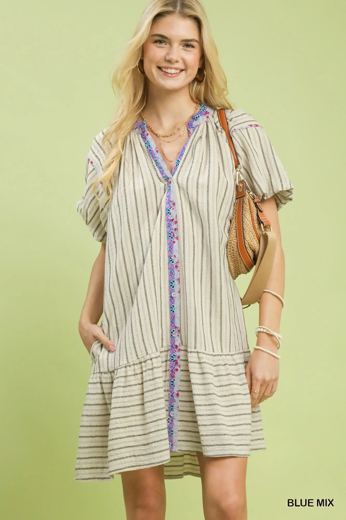 Blue MixV-Neck Button Down Shirt Dress